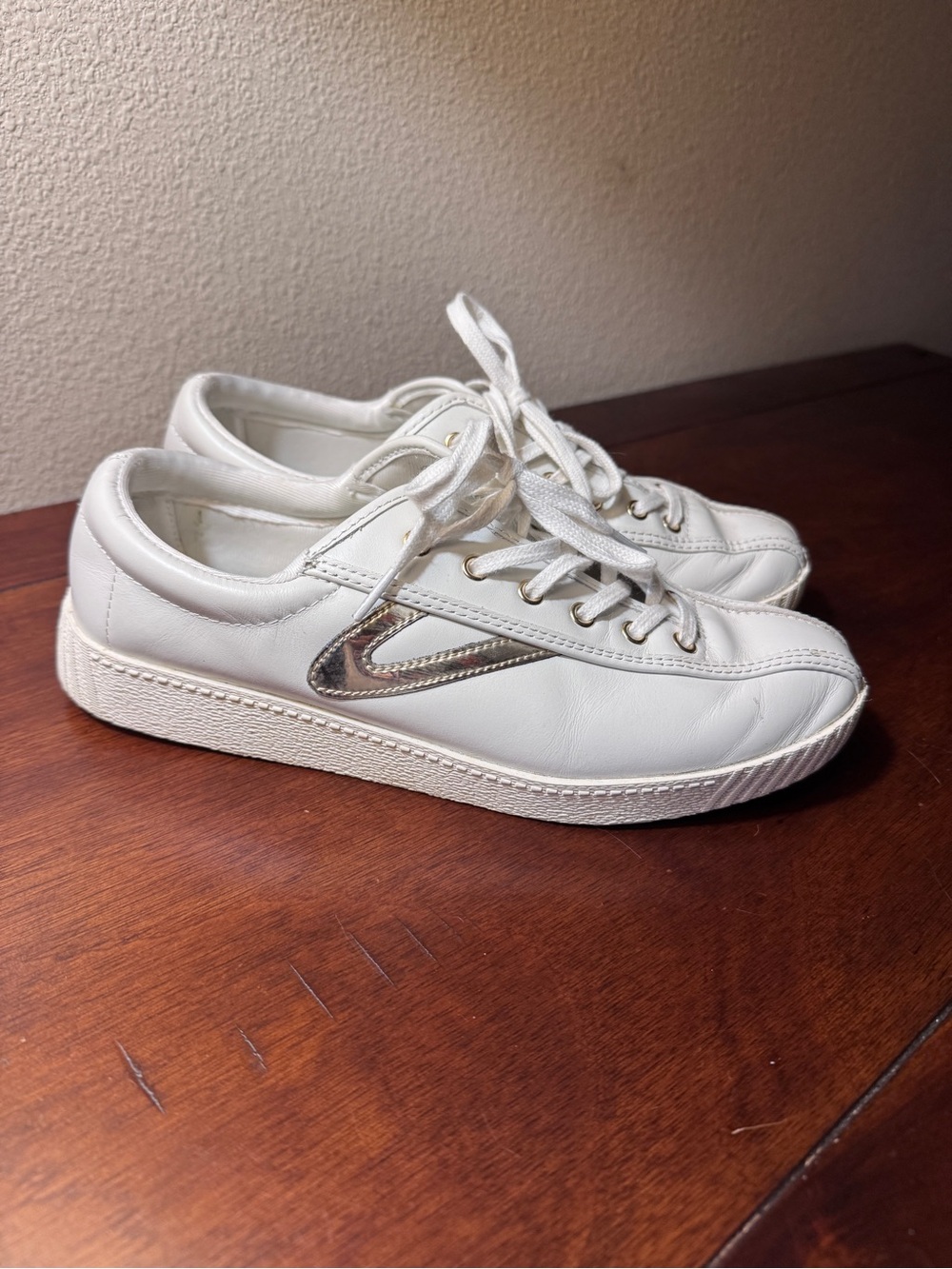 Tretorn White Leather Sneakers with Metallic Gold V-Detail